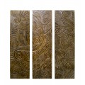 Masívna orientálna tmavá hnedá nástenná dekorácia Kiribila z troch závesných panelov z teakového dreva s vyrezávaným zdobením so vzorom špirál