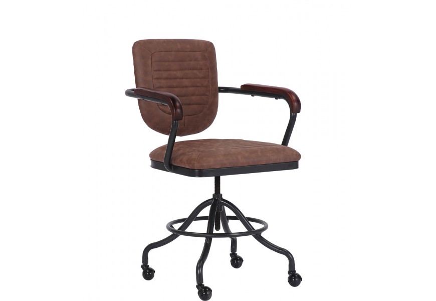 Industriálna kožená otočná výškovo nastaviteľná kancelárska stolička Lawrence s hnedým poťahom z ekokože na kolieskach 58 cm