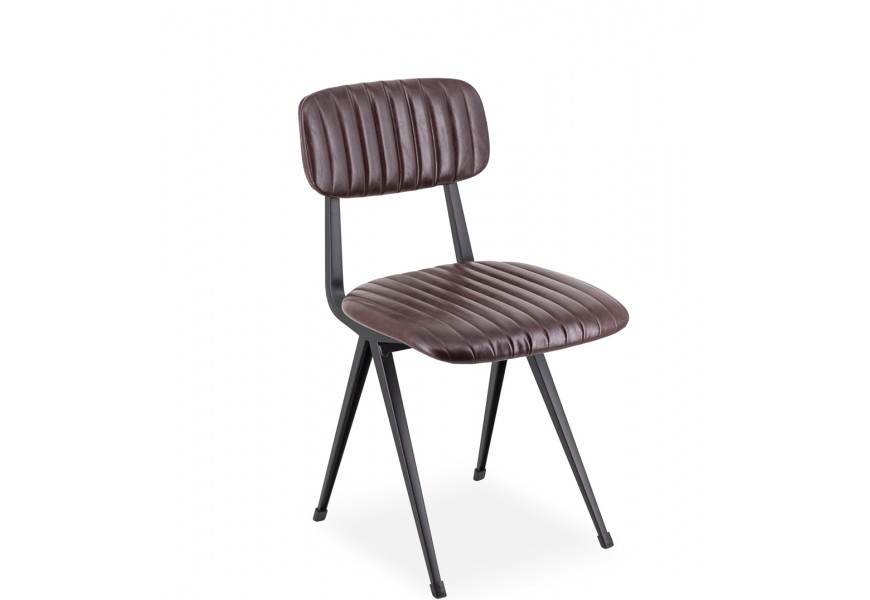 Moderná hnedá industriálna stolička Hethford s koženým čalúnením s dekoratívnym lineárnym prešívaním na poťahu z ekokože s čiernou kovovou konštrukciou