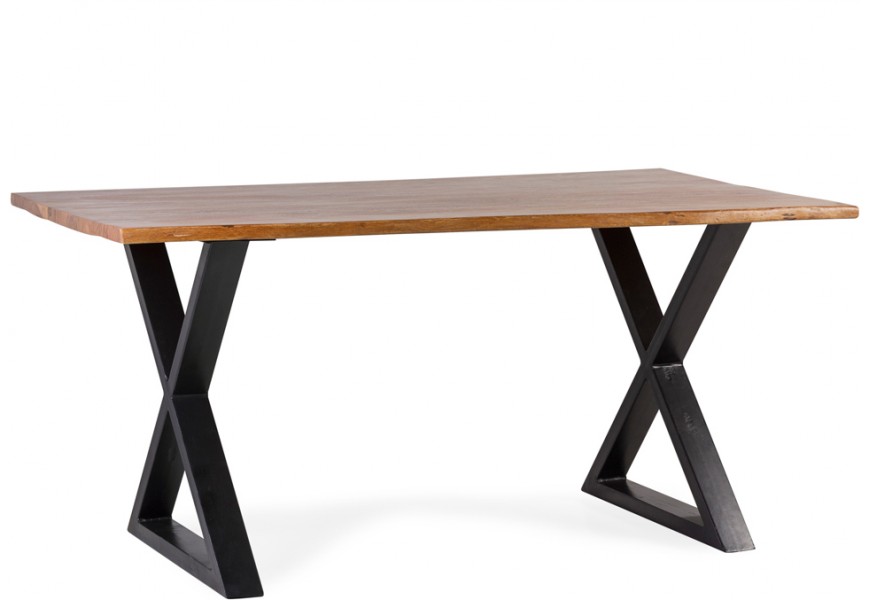 Masívny industriálny medový hnedý jedálenský stôl Axel s vrchnou doskou z akáciového dreva a modernými dizajnovými nožičkami v tvare x z kovu v čiernej farbe