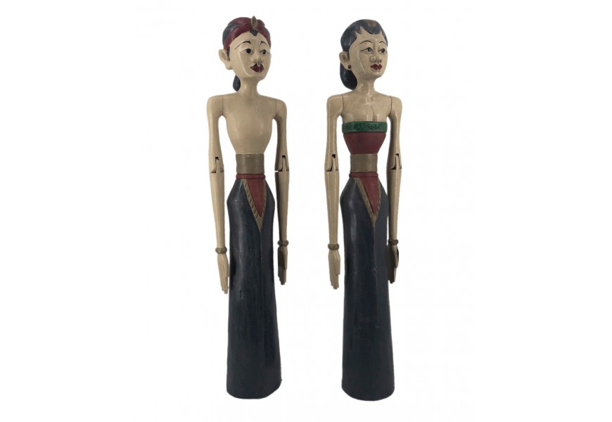 Etno sada sošiek Loro Blonyo z teakového dreva s motívom indonézskeho páru muža a ženy v tradičnom odeve