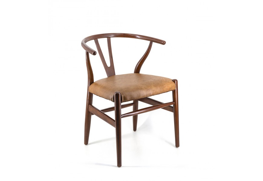 Luxusná hnedá jedálenská stolička Gamelua s opierkami na ruke s čalúnenou sedacou časťou s poťahom z pravej kože a s masívnym rámom z teakového dreva