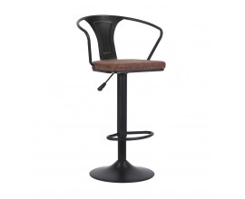 Industriálna otočná čierna barová stolička Lawrence so sedacou časťou s hnedým poťahom z ekokože s nastaviteľnou výškou 108 cm