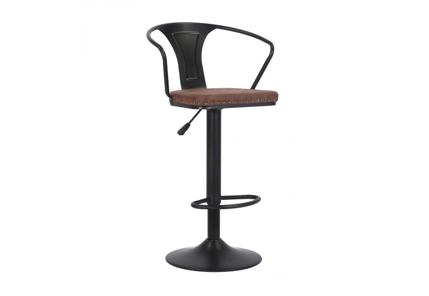 Dizajnová industriálna výškovo nastaviteľná otočná barová stolička Lawrence s čiernou kovovou konštrukciou s opierkami na ruky a čalúnenou sedacou časťou s poťahom z hnedej ekokože