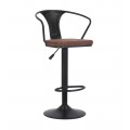 Dizajnová industriálna výškovo nastaviteľná otočná barová stolička Lawrence s čiernou kovovou konštrukciou s opierkami na ruky a čalúnenou sedacou časťou s poťahom z hnedej ekokože