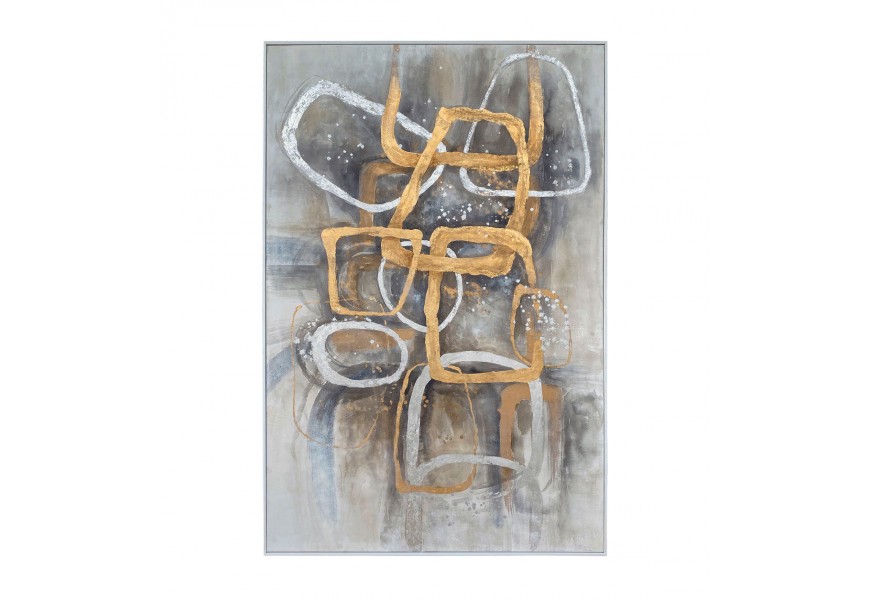 Dizajnový obraz Chains ručne maľovaný olejovými farbami s motívom retiazok v sivej farbe so zlatými metalickými akcentmi v jednoduchom bielom drevenom ráme
