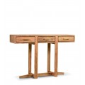 Moderný svetlo hnedý konzolový stolík Vegil z masívneho tíkového dreva s úložným priestorom s tromi zásuvkami s kovovými úchytkami v zlatej farbe