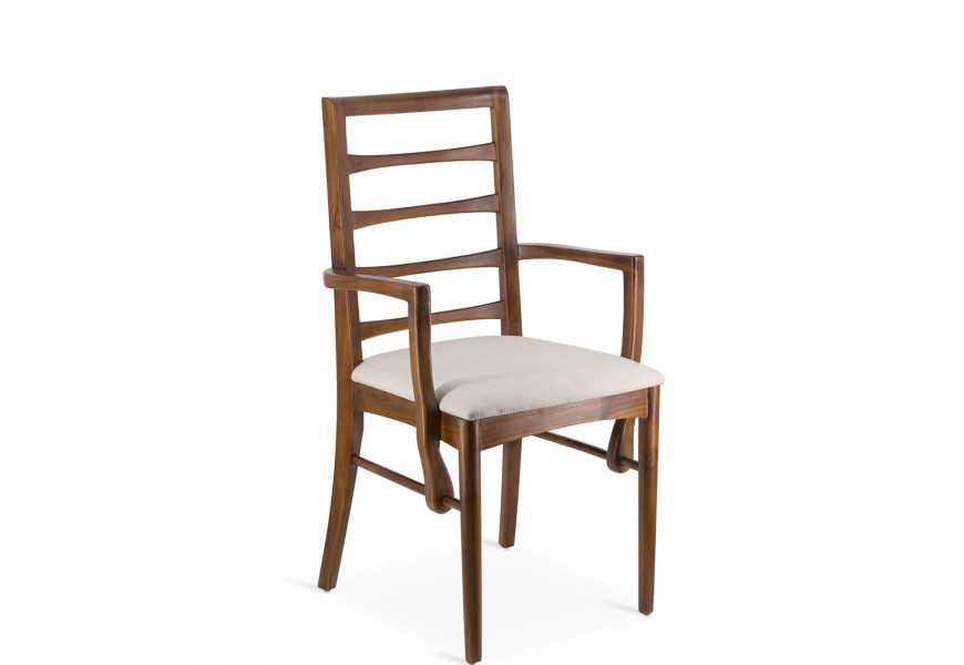 Koloniálna jedálenská stolička Star z masívneho teakového dreva v hnedej farbe s béžovým čalúneným textilným sedákom