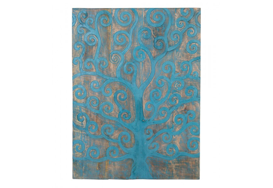Štýlový etno dekoratívny drevený obraz Tuo s modrým stromom120 cm