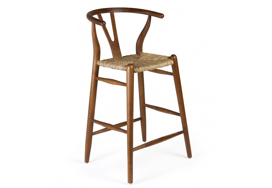 Dizajnová ratanová barová stolička Silla s ratanovým výpletom na sedadle a s oblúkovou opierkou z masívneho teakového dreva