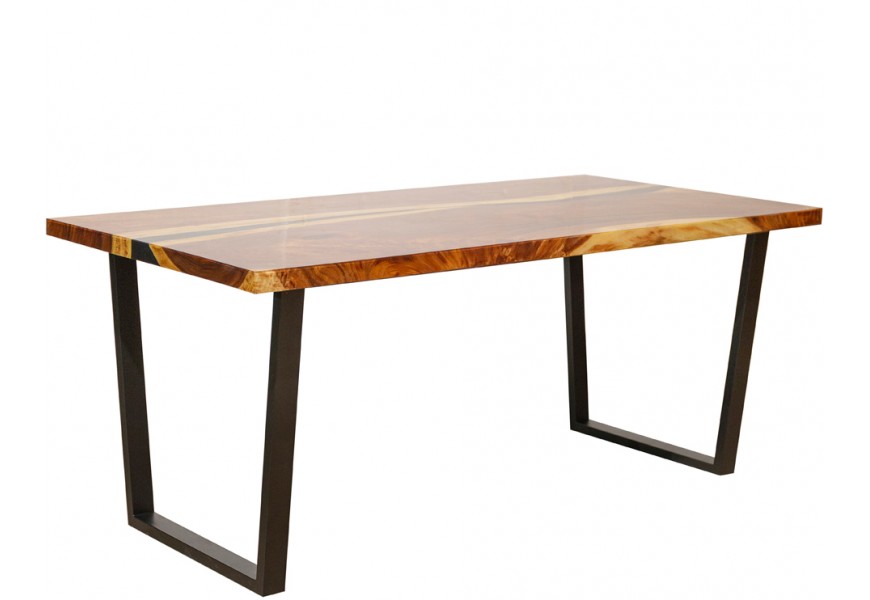 Luxusný moderný jedálenský stôl Resin z masívneho dreva s čiernymi kovovými nožičkami 180 cm