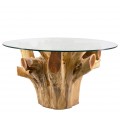 Štýlový konferenčný stolík Remm z teakového masívneho dreva v podobe mohutného koreňa stromu so sklenenou okrúhlou doskou