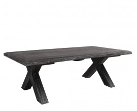 Dizajnový obdĺžnikový konferenčný stolík Soll z masívneho dreva mindi v čiernej farbe s prekríženými nožičkami