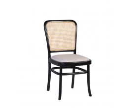 Čierna masívna jedálenská stolička Teka s ratanovým viedenským výpletom s béžovým čalúneným sedadlom 86 cm 