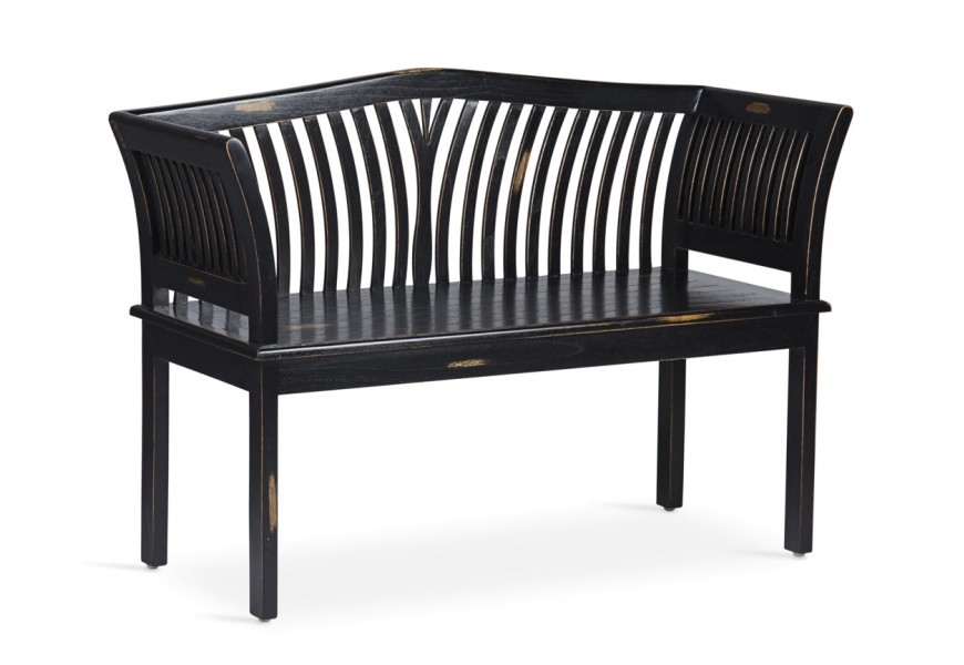 Luxusná čierna vintage dvojmiestna lavica Forja s opierkou z masívneho mindi dreva 117 cm