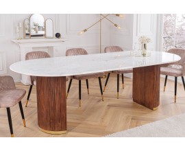 Art deco oválny jedálenský stôl Gatsby s bielou mramorovou vrchnou doskou a drážkovanými drevenými nožičkami 220 cm