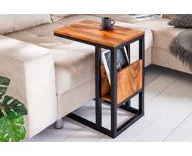 Industriálny masívny príručný stolík Lana s držiakom na časopisy zo sheeshamového dreva v prírodnej hnedej farbe 60 cm