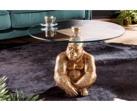 Dizajnový glamour okrúhly konferenčný stolík Wilde s originálnou zlatou podstavou v tvare sediacej gorily 60 cm