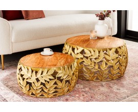 Zlatá glamour sada dvoch okrúhlych konferenčných stolíkov Basoa s podstavou s dizajnom listov a drevenou doskou 68 cm