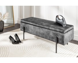 Dizajnová lavica Irvin s modernou lineárnou siluetou s uzatvárateľným úložným priestorom a penovým čalúnením so tmavou sivou zamatovou poťahovou látkou