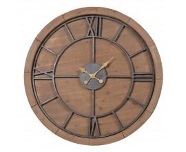 Dizajnové industriálne hnedé nástenné hodiny Mendio z masívneho dreva so zlatými ručičkami 100 cm