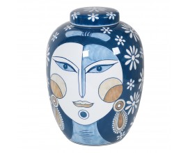 Elegantná dizajnová orientálna maľovaná váza s vrchnákom China s tvárou ženy a florálnym zdobením v odtieňoch modrej z porcelánu