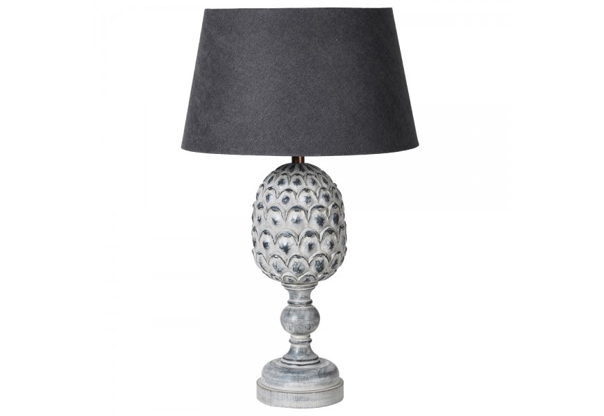 Štýlová vintage stolná lampa Damin s kužeľovým čiernym textilným tienidlom a s drevenou vyrezávanou vintage nohou