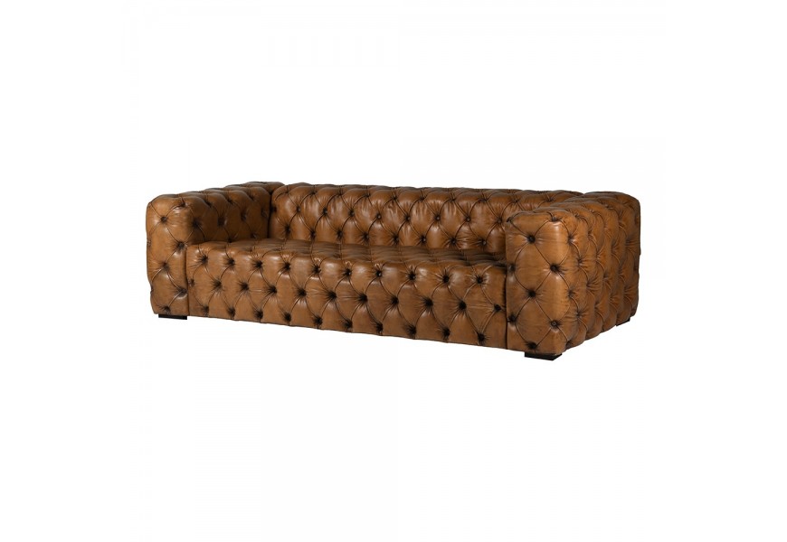 Vintage chesterfield sedačka Snuggle obdĺžnikového tvaru čalúnená pravou hnedou kožou s hlbokým prešívaním