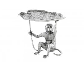 Štýlový art deco strieborný príručný stolík Monkey z kovu so zvieracími motívmi v podobe listu a opice 55 cm