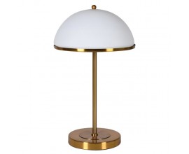 Dizajnová art deco stolná lampa Domio s okrúhlym kupolovitým tienidlom zo skla v bielej farbe so zlatými detailmi 54 cm