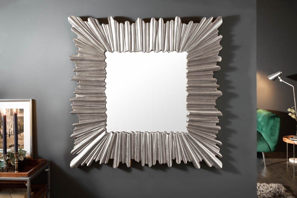 Estila Art-deco štýlové štvorcové nástenné zrkadlo Cuadrado v hrubom ráme striebornej farby 96cm