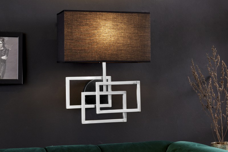 Estila Art-deco dizajnová nástenná lampa Astria v striebornom prevedení s čiernym tienidlom 44cm