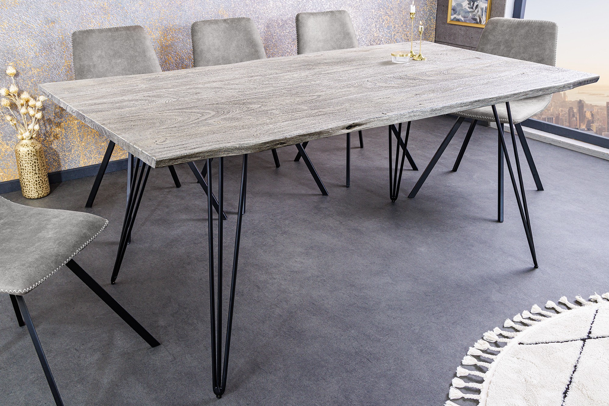 Estila Industriálny obdĺžnikový jedálenský stôl Moonlight so svetlou sivou vrchnou doskou z akáciového masívu 140 cm