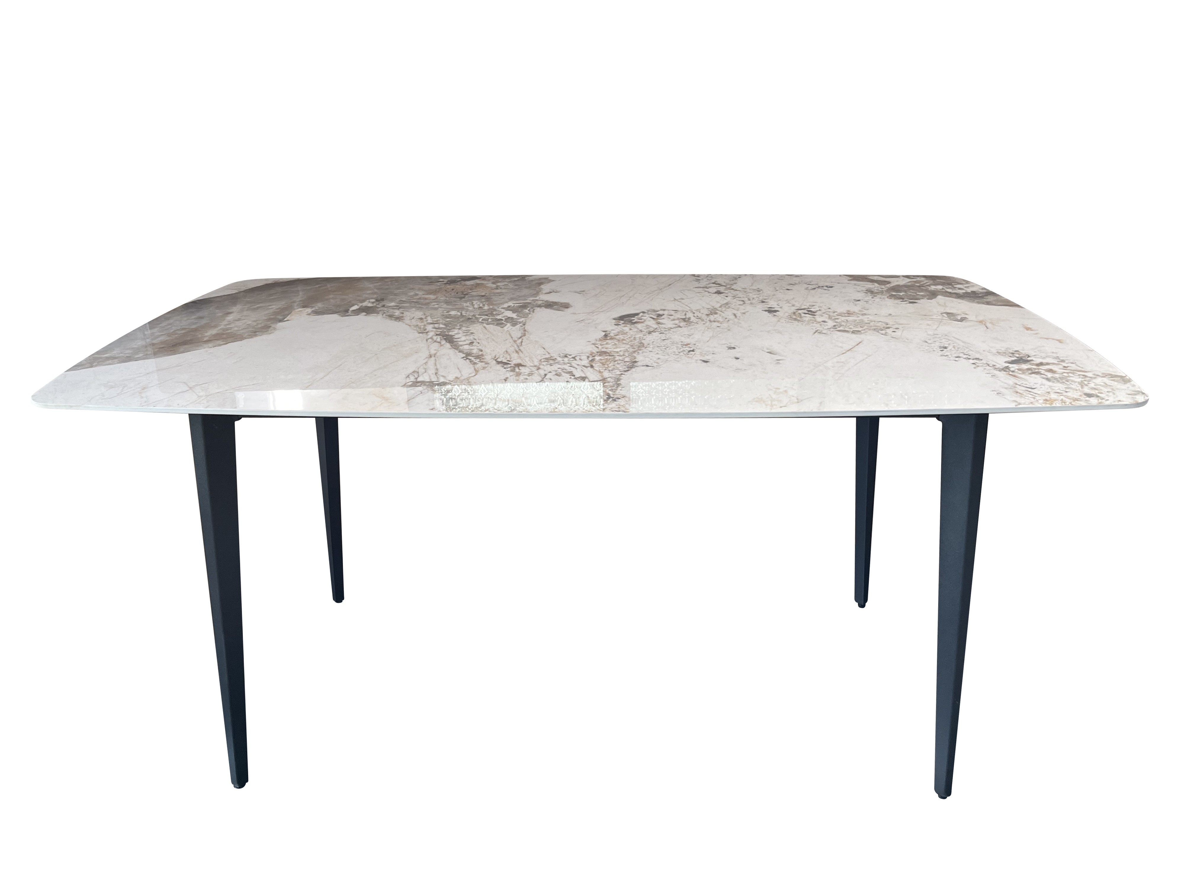 Estila Dizajnový jedálenský stôl Tazer s doskou s bielo šedým mramorovým vizuálom a štyrmi čiernymi úzkymi nožičkami 160 cm