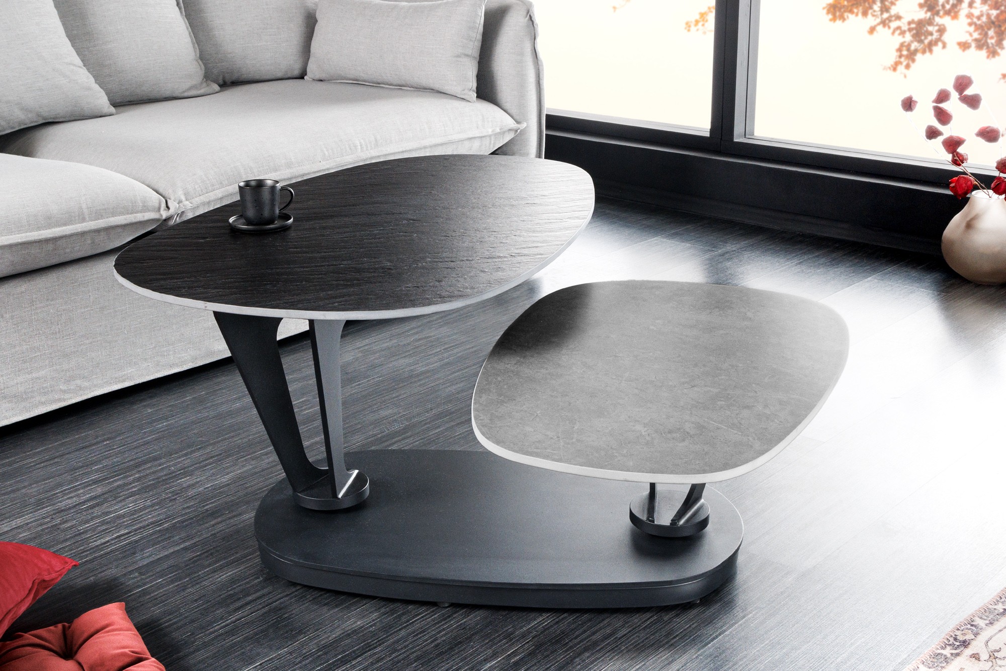 Estila Dizajnový konferenčný stolík Delin s mramorovými doskami v čiernej farbe a dvomi otočnými doskami 94-163 cm