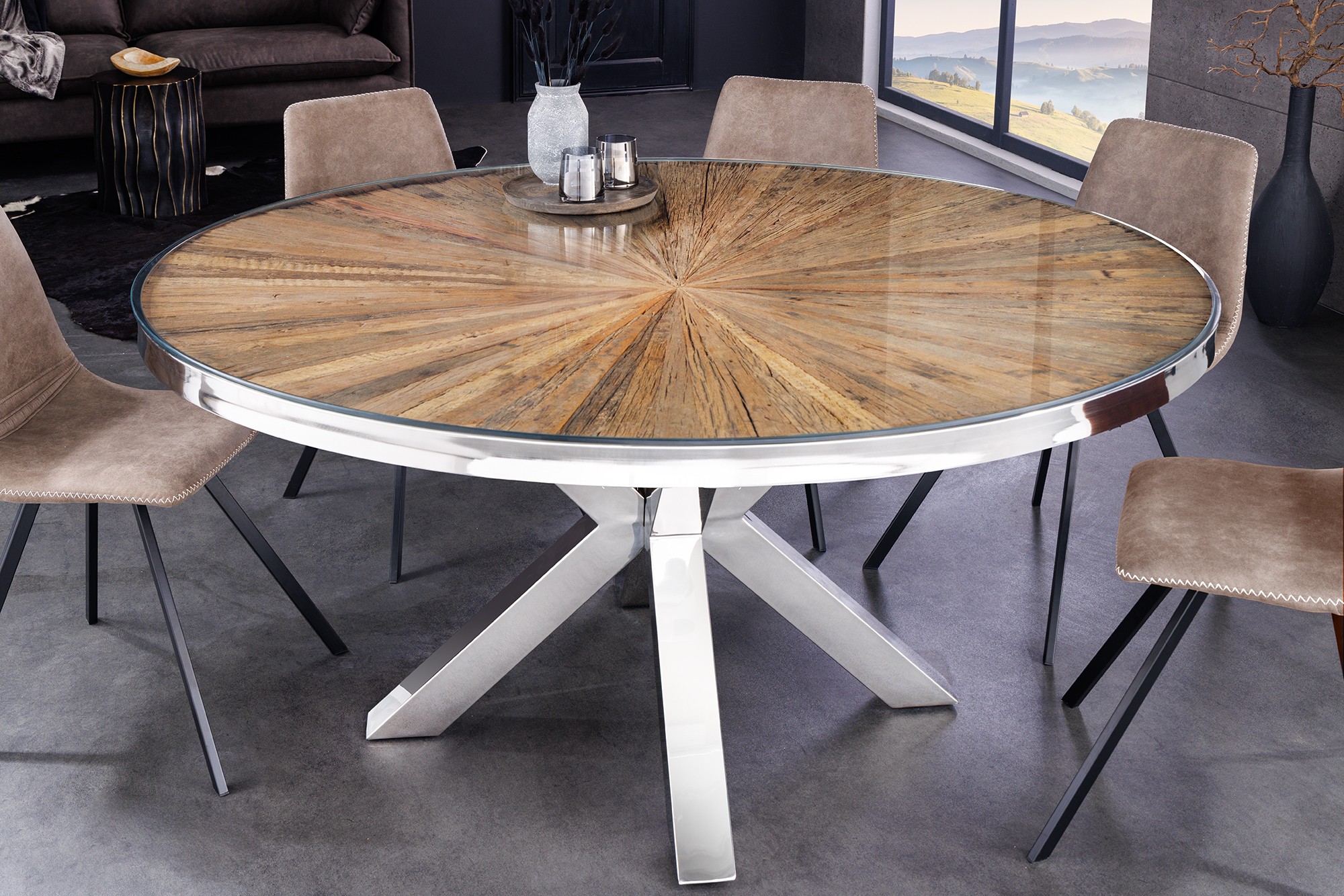 Estila Luxusný industriálny okrúhly jedálenský stôl Barracuda z teakového hnedého dreva s chromovanými nožičkami 140 cm