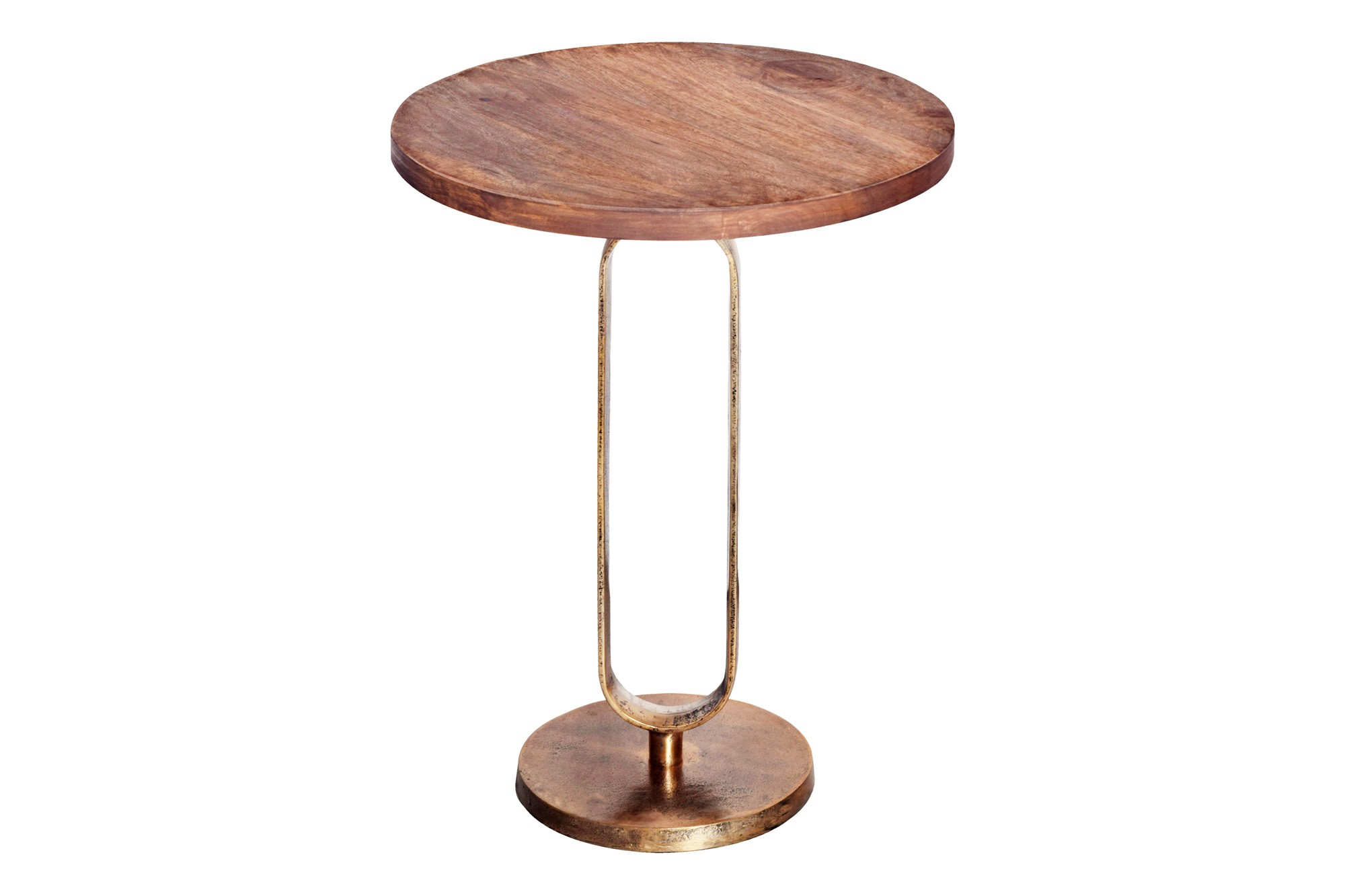 Estila Art deco okrúhly medený príručný stolík Zendy s drevenou doskou v glamour nádychu 60 cm
