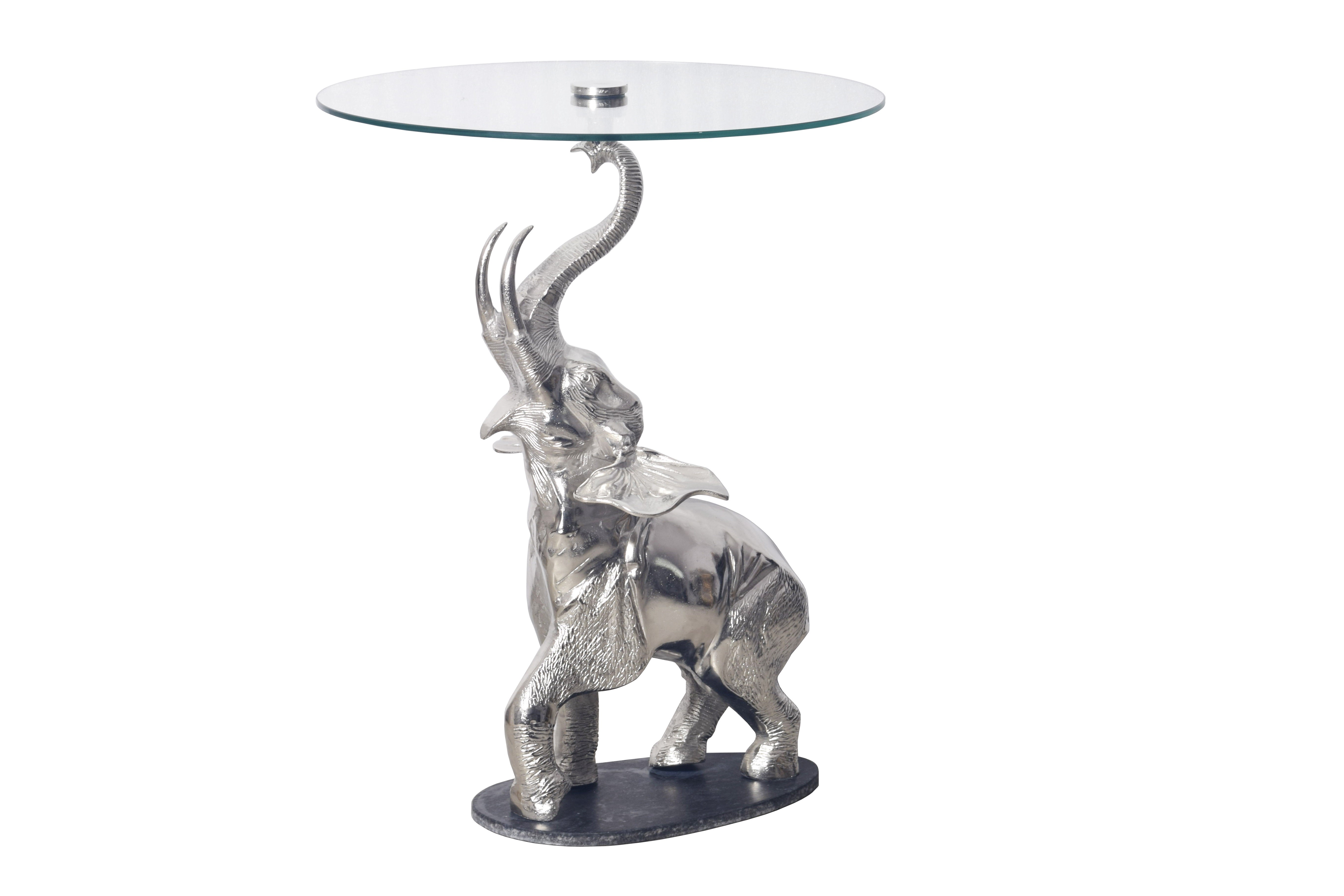 Estila Dizajnový art deco strieborný okrúhly príručný stolík Balarama s podstavou v tvare slona 75 cm