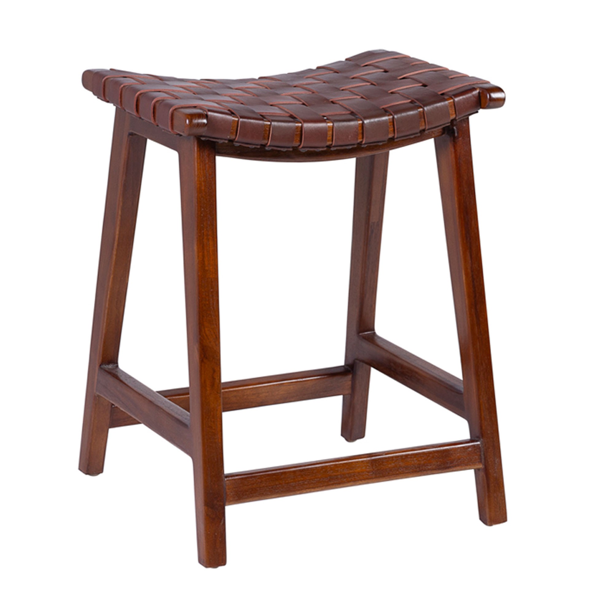 Estila Luxusná koloniálna barová stolička Crosby bez opierok so sedacou časťou z pravej kože s lineárnym výpletom hnedá 60 cm