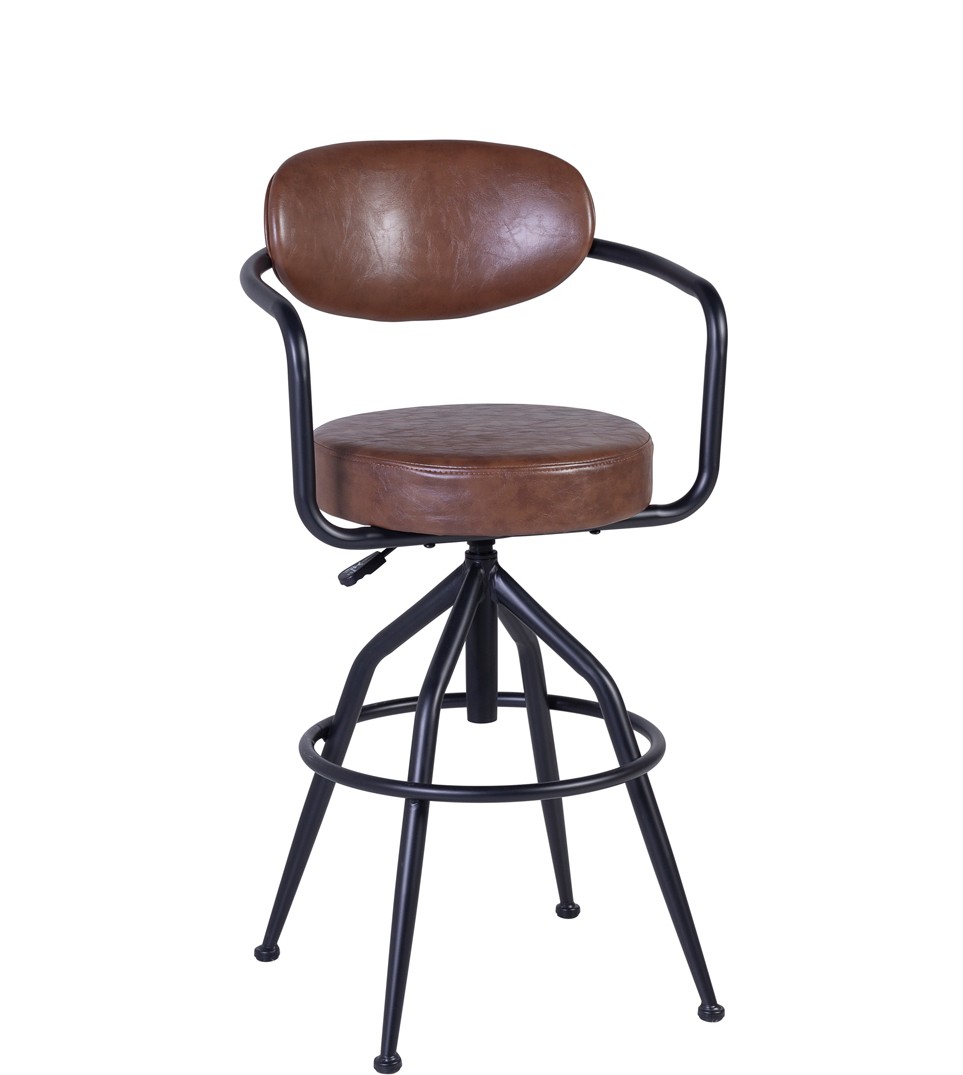 Estila Moderná industriálna otočná barová stolička Lawrence s nastaviteľnou výškou a poťahom z ekokože čierna hnedá 109 cm